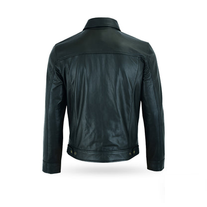 A back view of the black men's classic rider-style leather jacket, showing a clean, simple back design.