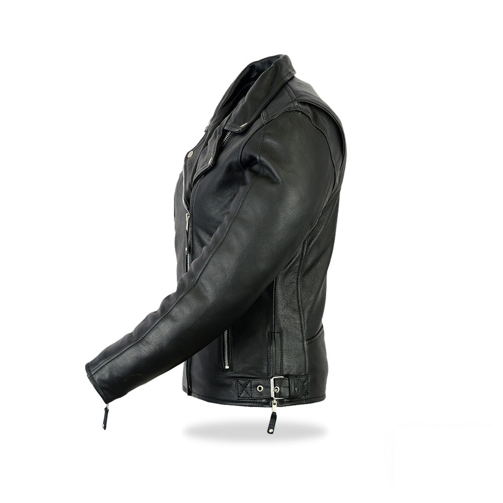 Side view of women’s black leather biker jacket showing sleeves and zipper details