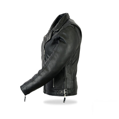 Side view of women’s black leather biker jacket showing sleeves and zipper details