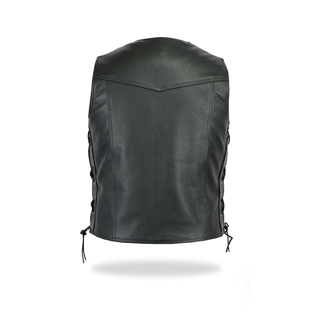 A back view of the black men's leather biker vest, showing the clean back panel and the side lacing details extending down the sides.