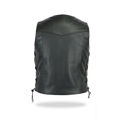 A back view of the black men's leather biker vest, showing the clean back panel and the side lacing details extending down the sides.