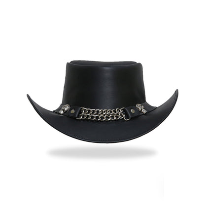A slightly angled front view of the black leather cowboy hat, showcasing the studded band and the shape of the brim.