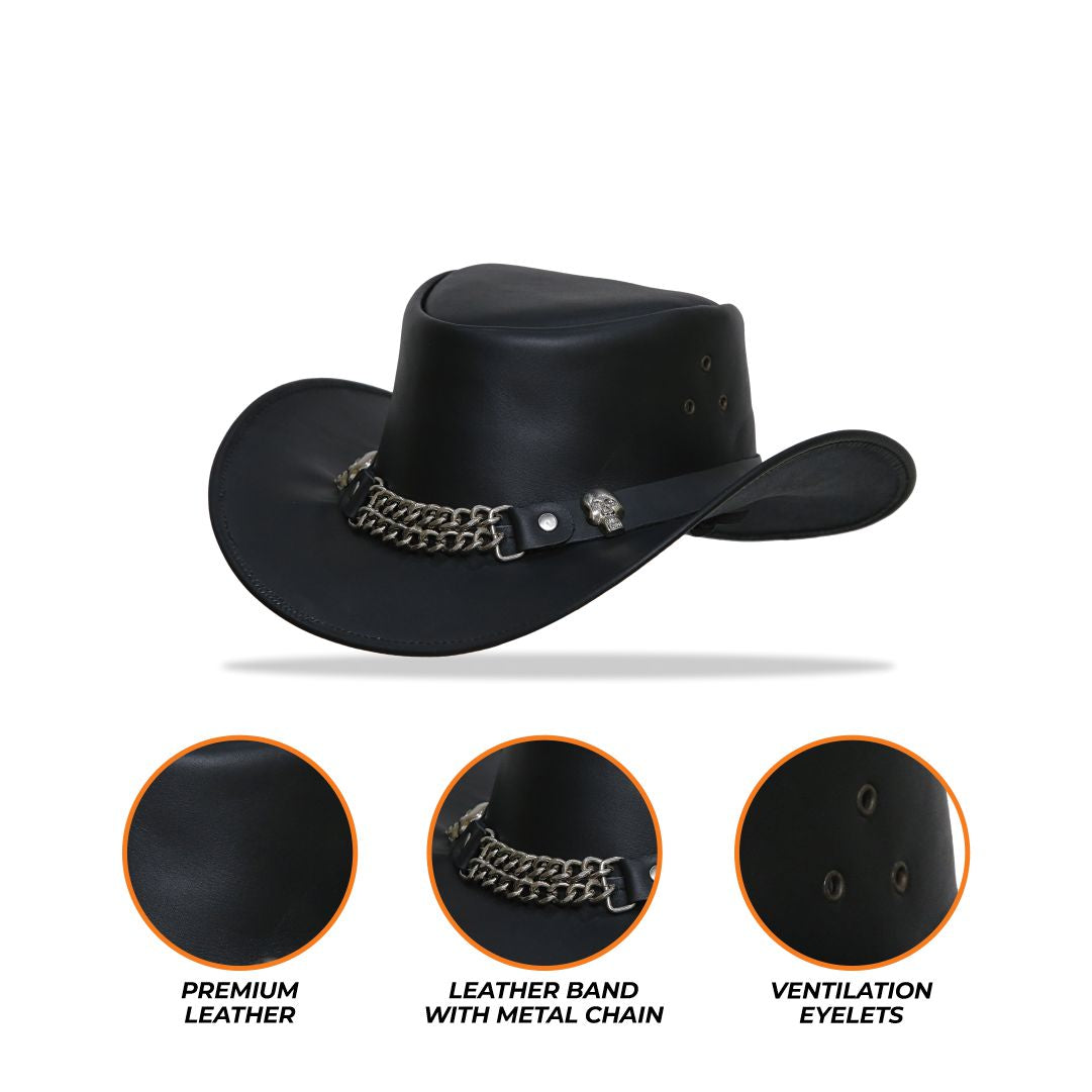 A composite image displaying multiple views of the black leather cowboy hat (front and top), alongside circular icons indicating key features such as "Genuine Leather," "Water Resistant," and "Comfort Fit."