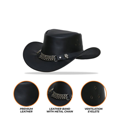 A composite image displaying multiple views of the black leather cowboy hat (front and top), alongside circular icons indicating key features such as "Genuine Leather," "Water Resistant," and "Comfort Fit."