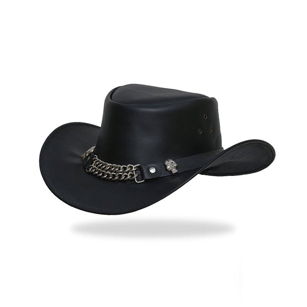 A full, front-facing view of a black leather cowboy hat with a structured crown and a wide, upturned brim. It features a decorative band adorned with metal studs or chains, and a small metal concho or emblem on the side.