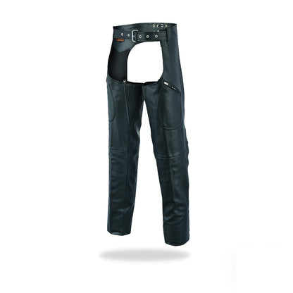 A front view of a pair of black leather motorcycle chaps with an open rear design, featuring a front waist buckle closure, side zippers, and snaps along the legs for adjustable fit.