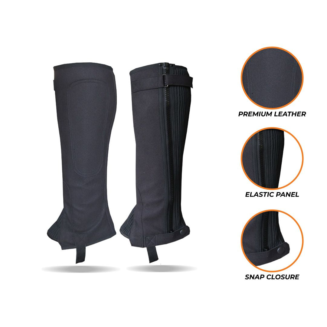 Infographic showcasing the features and benefits of black riding gaiters, including their design, material, and fit for equestrian use.