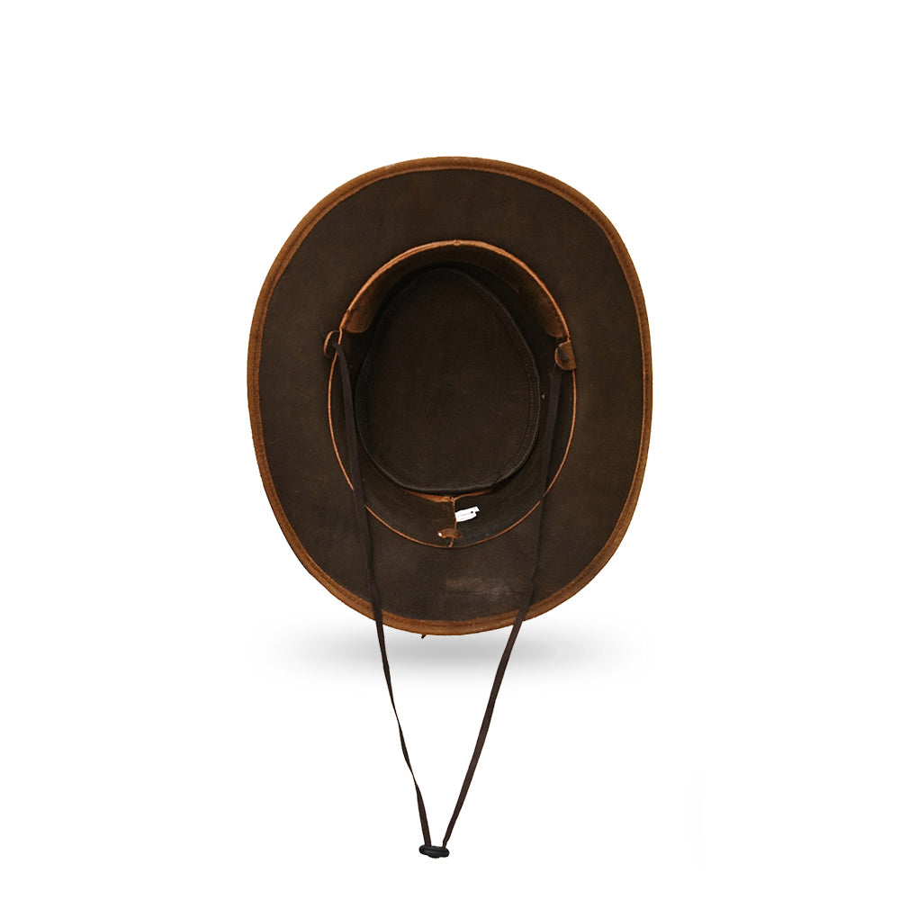 Interior view of a brown cowboy hat showing the inside lining and design details.