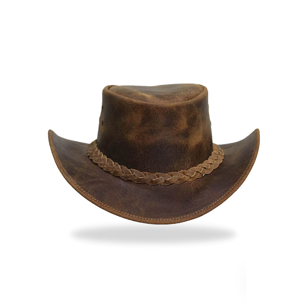 A top-down, slightly angled view of the same distressed dark brown leather cowboy hat, showing the rounded crown and the wide brim.