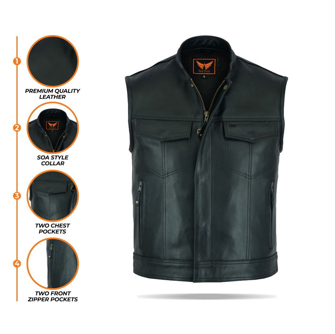 A composite image displaying multiple close-ups of a men's black leather motorcycle vest, highlighting details such as the inner lining, collar, zipper, and pocket hardware, on a white background.