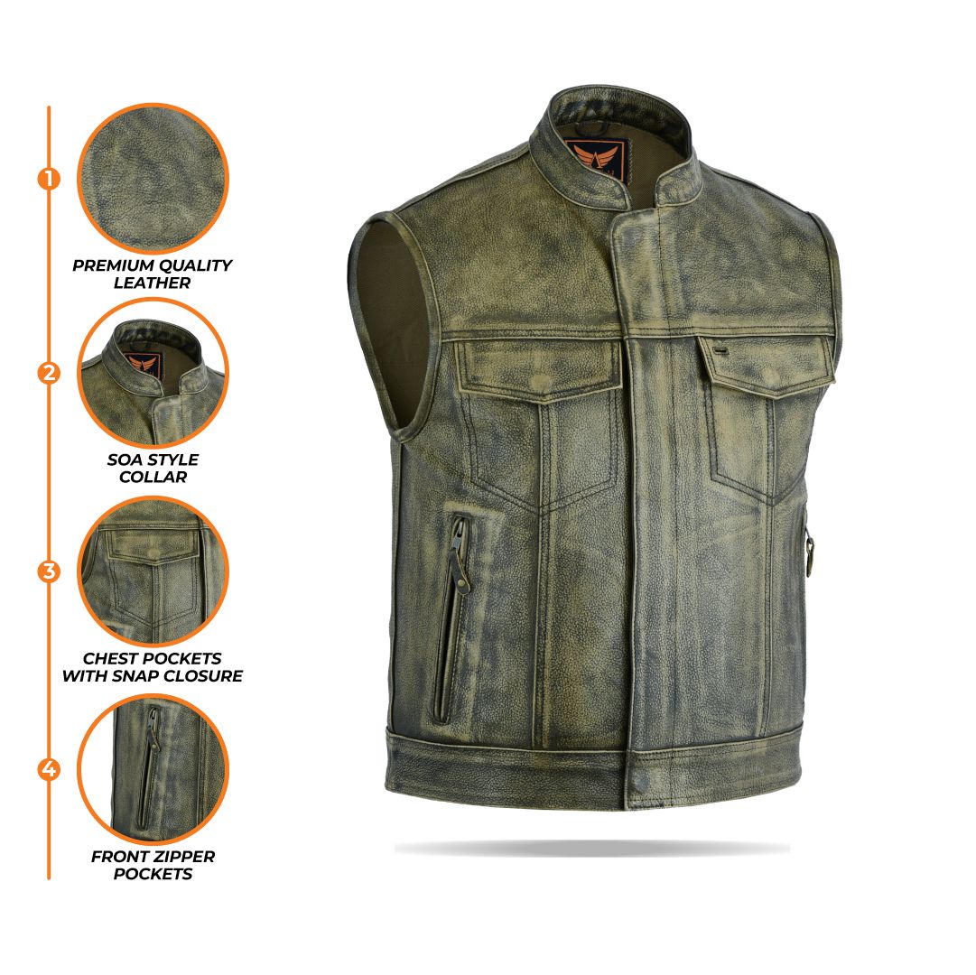  A composite image displaying multiple close-ups of a men's distressed woodland color leather motorcycle vest, highlighting details such as the weathered texture, buttons, and pocket features, on a white background.