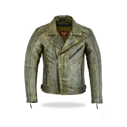 A front view of a woodland men's biker-style leather jacket, featuring a full front zipper, a stand-up collar, and zippered chest and side pockets. The rugged texture is visible.