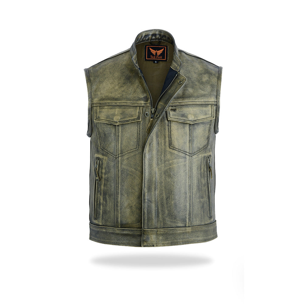 A full-length, slightly angled front view of a men's woodland color leather motorcycle vest with a front zipper closure, a collared neckline, and two large flap pockets on the chest, isolated on a white background.