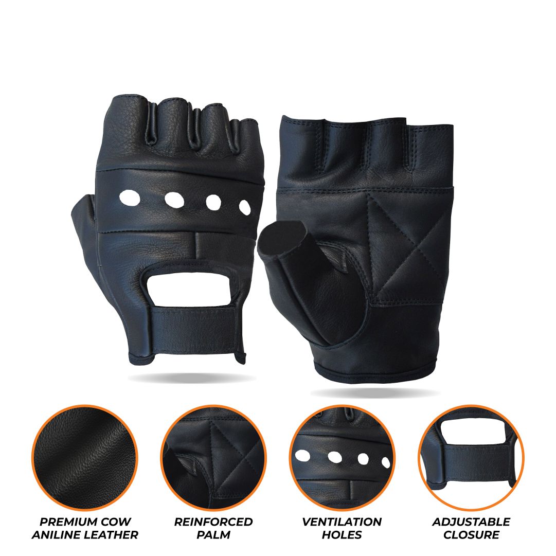 Tackfield Genuine Cowhide Fingerless Leather Gloves