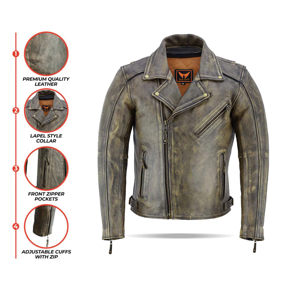 A composite image displaying multiple views of the woodland men's biker-style leather jacket (front, back, side), alongside circular icons highlighting features such as "Woodland Leather Finish," "Ventilation Zippers," and "Adjustable Cuffs."