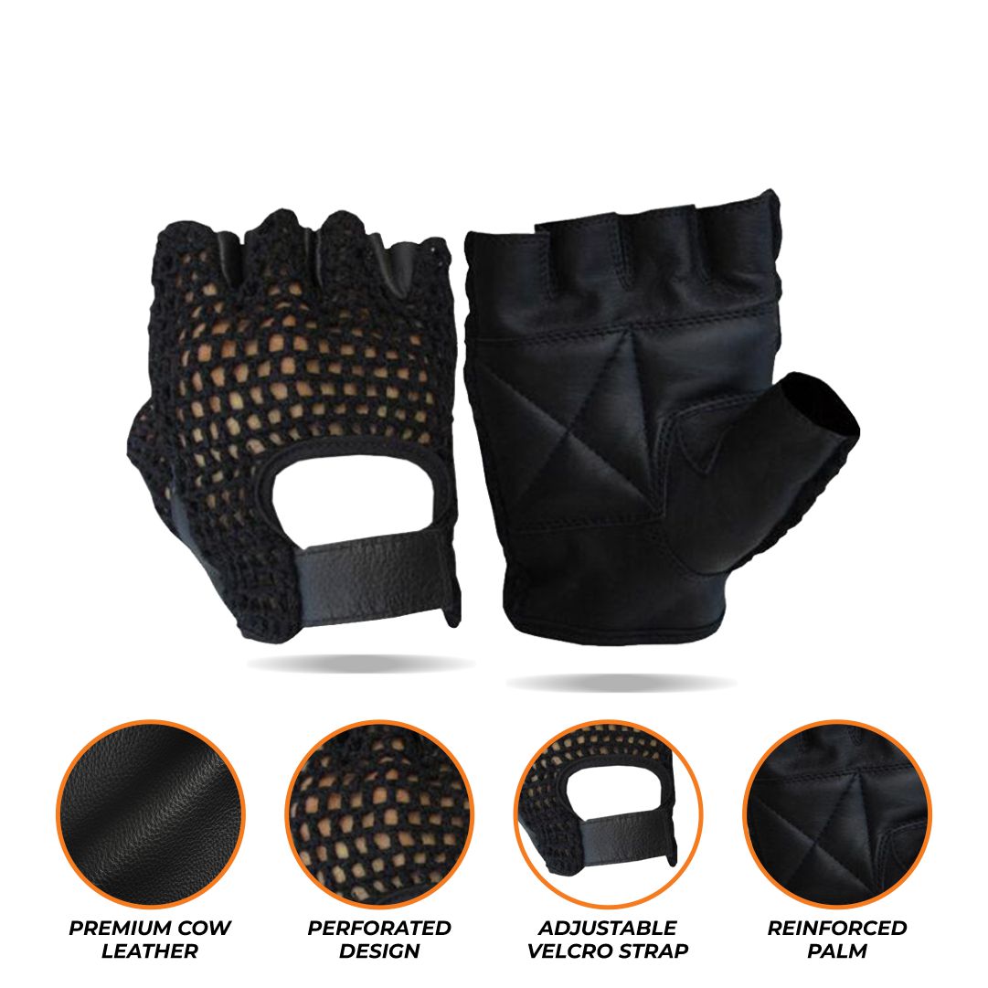 A composite image displaying the black fingerless workout gloves from a top angle, showing both the textured palm and padded areas. Below the gloves are three circular icons highlighting features such as "Durable Grip," "Breathable Fabric," and "Adjustable Strap."