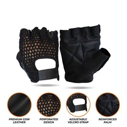 A composite image displaying the black fingerless workout gloves from a top angle, showing both the textured palm and padded areas. Below the gloves are three circular icons highlighting features such as "Durable Grip," "Breathable Fabric," and "Adjustable Strap."