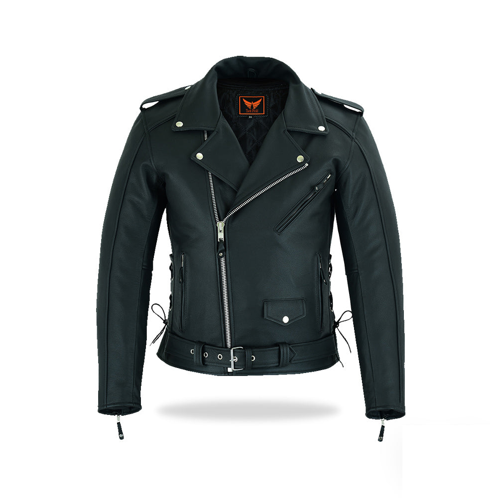 A full-front view of a black classic biker-style leather jacket, featuring an asymmetrical front zipper, a notched lapel collar with snaps, zippered cuffs, and a belted waist with buckle.