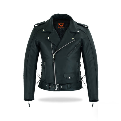 A full-front view of a black classic biker-style leather jacket, featuring an asymmetrical front zipper, a notched lapel collar with snaps, zippered cuffs, and a belted waist with buckle.