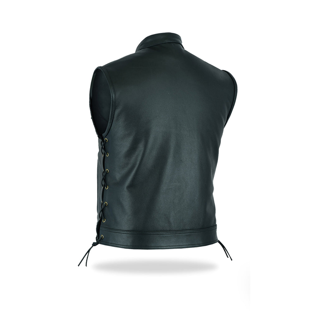 A clear back view of a men's black leather motorcycle vest, showcasing the fitted design and the side lacing details, on a white background.