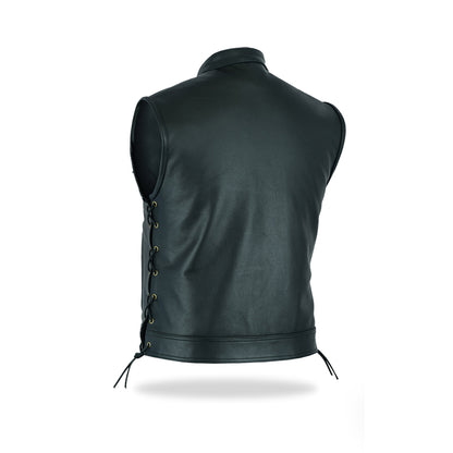 A clear back view of a men's black leather motorcycle vest, showcasing the fitted design and the side lacing details, on a white background.