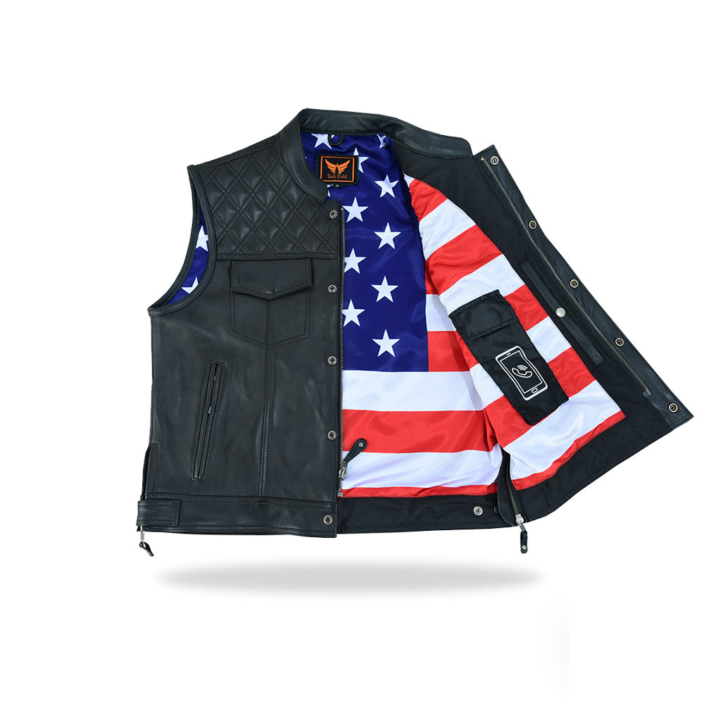 A front view of a men's black leather motorcycle vest, shown partially open to prominently display its red, white, and blue American flag patterned inner lining, on a white background.