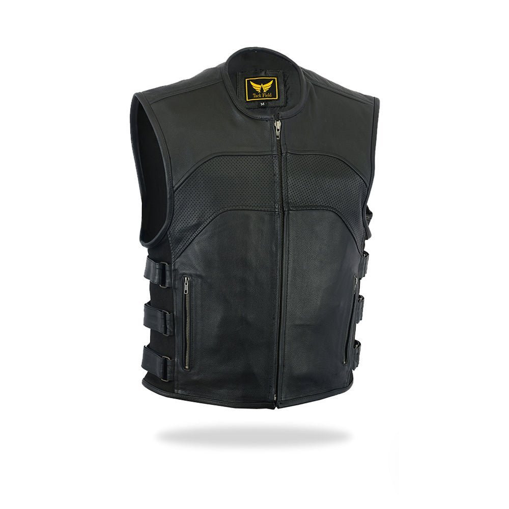 A full-length, slightly angled front view of a men's black leather motorcycle vest featuring a front zipper closure, a classic collarless design, and adjustable side straps with buckles, isolated on a white background.