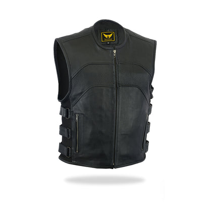 A full-length, slightly angled front view of a men's black leather motorcycle vest featuring a front zipper closure, a classic collarless design, and adjustable side straps with buckles, isolated on a white background.