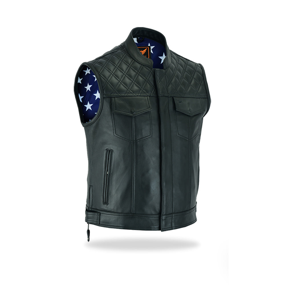 A slightly different angled front view of a men's black leather motorcycle vest, displaying the snap buttons, pockets, and a glimpse of the American flag lining, on a white background.