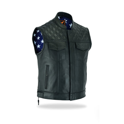 A slightly different angled front view of a men's black leather motorcycle vest, displaying the snap buttons, pockets, and a glimpse of the American flag lining, on a white background.