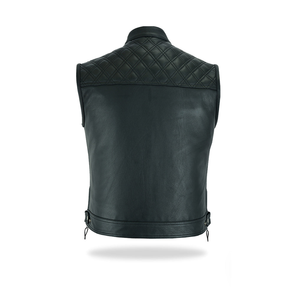 A clear back view of a men's black leather motorcycle vest, showing its fitted design and quilted shoulder details, on a white background.