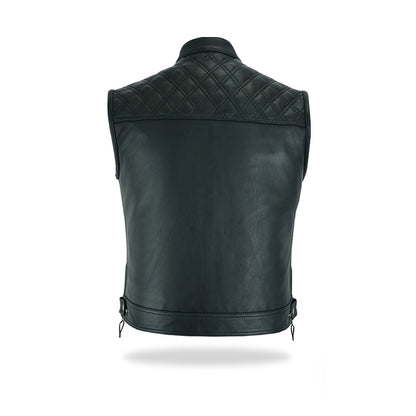 A clear back view of a men's black leather motorcycle vest, showing its fitted design and quilted shoulder details, on a white background.