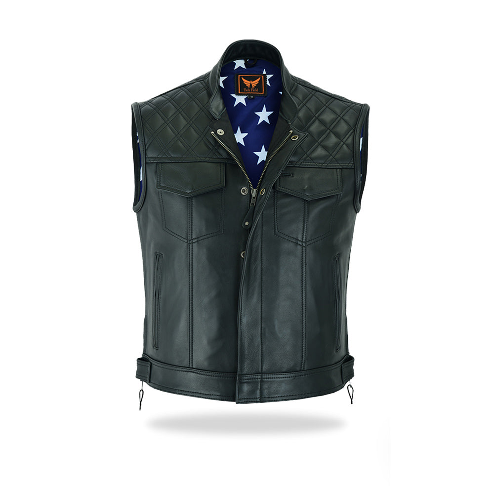 A full-length, slightly angled front view of a men's black leather motorcycle vest with a front snap-button closure, multiple chest pockets, and a visible quilted blue and white star pattern of an American flag lining, isolated on a white background.