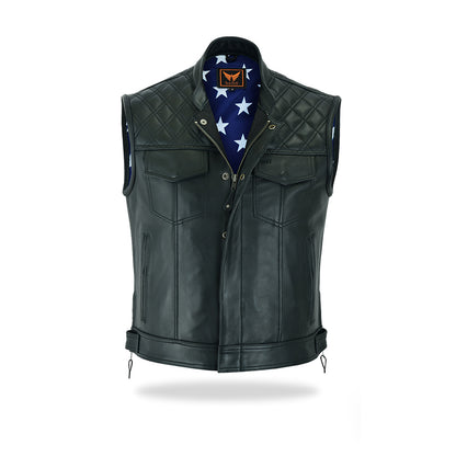 A full-length, slightly angled front view of a men's black leather motorcycle vest with a front snap-button closure, multiple chest pockets, and a visible quilted blue and white star pattern of an American flag lining, isolated on a white background.