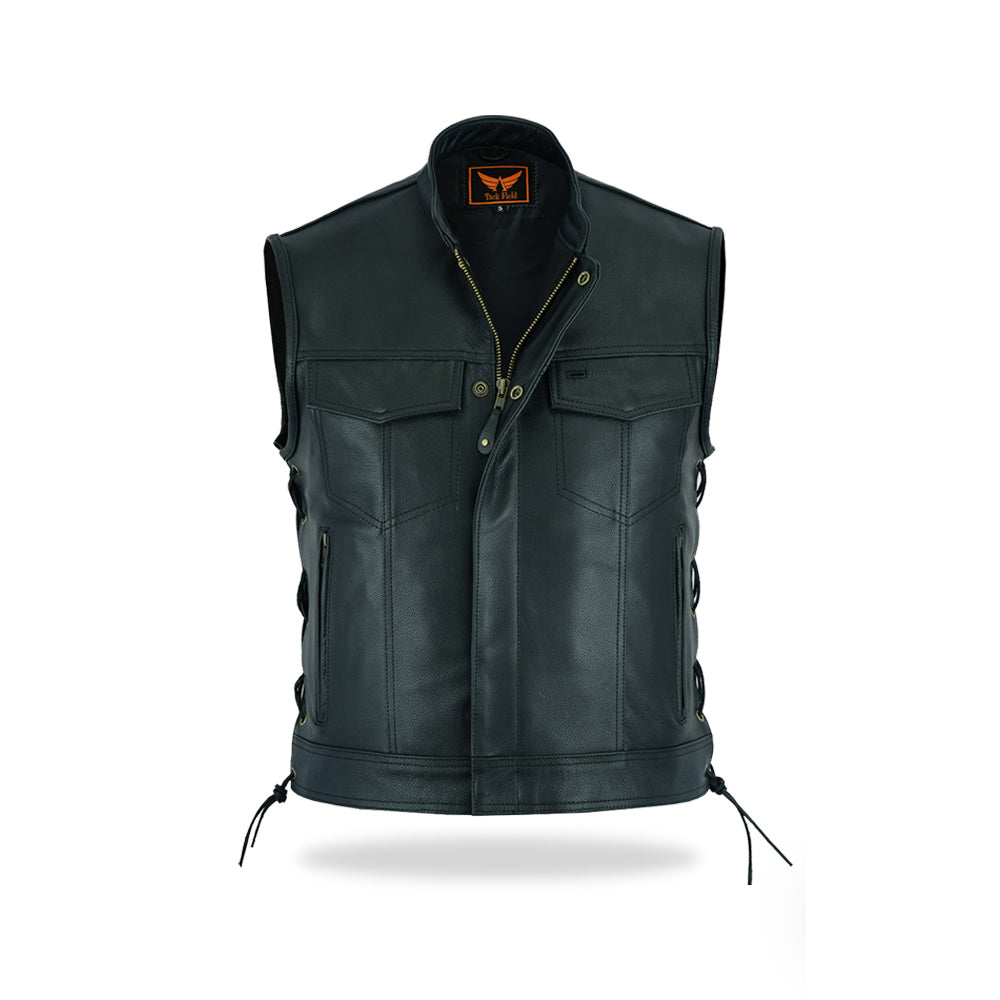 A full-length, slightly angled front view of a men's black leather motorcycle vest featuring a front zipper closure partially covered by a flap with snap buttons, multiple chest pockets, and prominent adjustable lacing details along both sides, isolated on a white background.