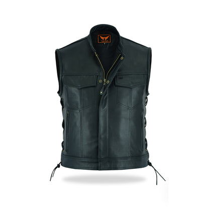 A full-length, slightly angled front view of a men's black leather motorcycle vest featuring a front zipper closure partially covered by a flap with snap buttons, multiple chest pockets, and prominent adjustable lacing details along both sides, isolated on a white background.