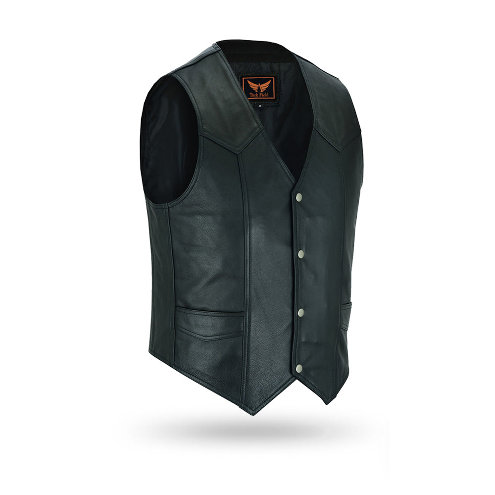 An angled three-quarter front view of a men's black leather vest, highlighting its texture, shape, and the position of the snap buttons and pockets.