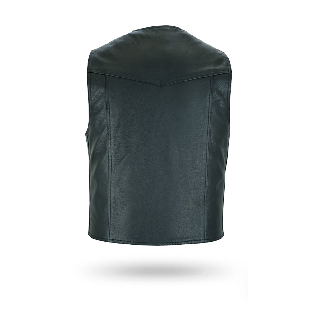 Back view of a plain men's black leather vest, showing the smooth texture and absence of pockets or details on the rear.