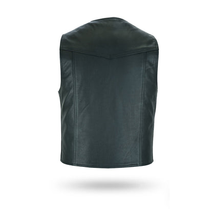 Back view of a plain men's black leather vest, showing the smooth texture and absence of pockets or details on the rear.