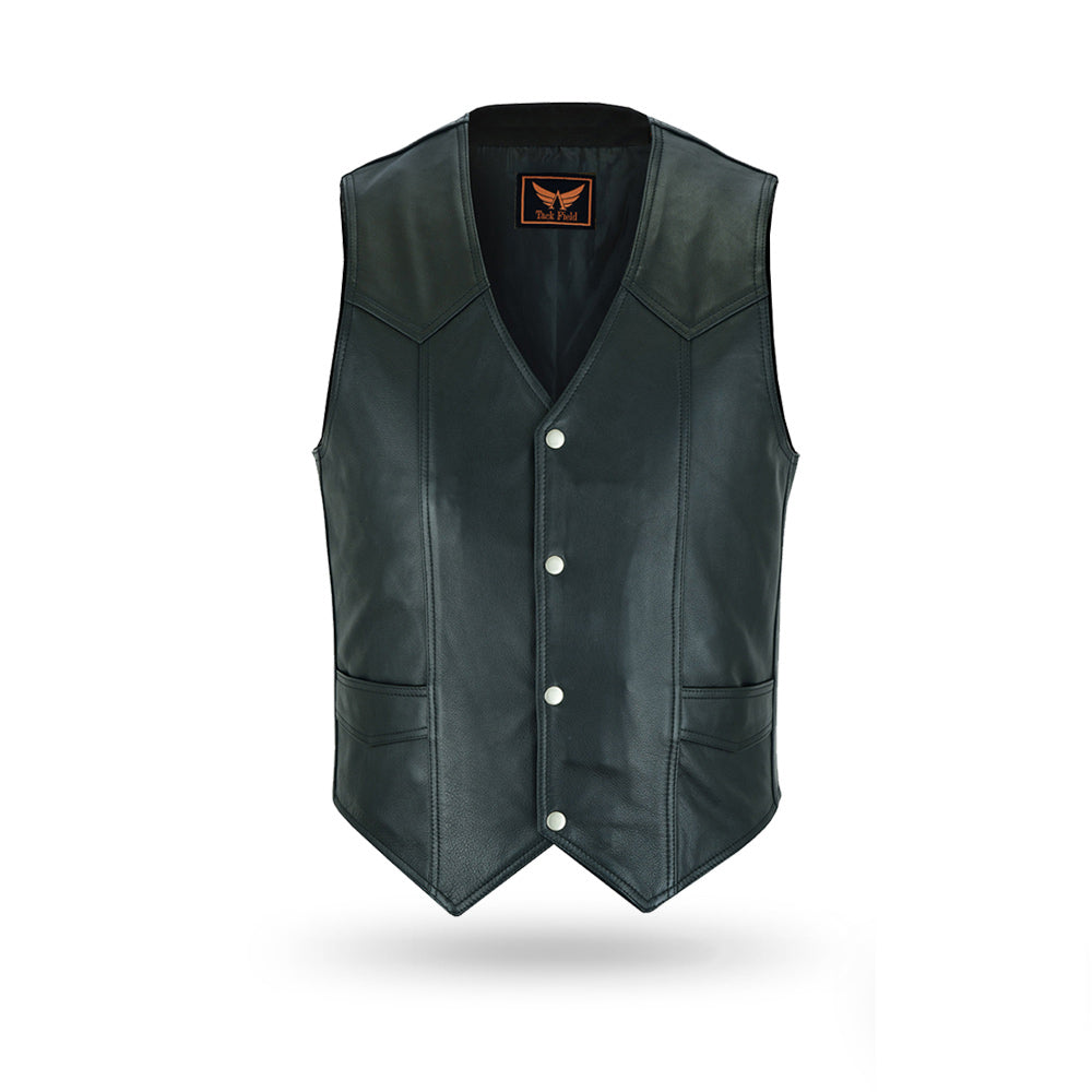  Front view of a men's black leather vest featuring a V-neck, four silver snap-button closures down the center, two chest pockets, and two lower welt pockets.