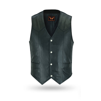  Front view of a men's black leather vest featuring a V-neck, four silver snap-button closures down the center, two chest pockets, and two lower welt pockets.