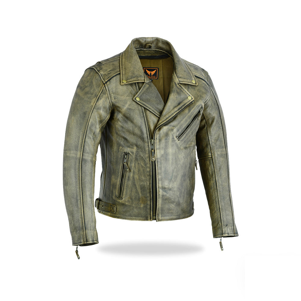  A side view of the woodland men's biker-style leather jacket, highlighting the sleeve and body fit.