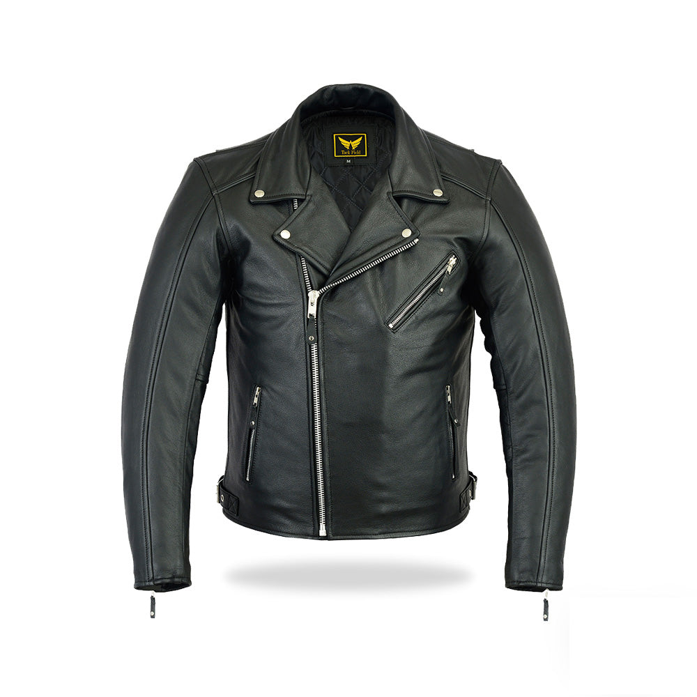 A full-front view of a black men's classic biker-style leather jacket, featuring an asymmetrical front zipper, a wide notched lapel collar with snap buttons, zippered chest and side pockets, zippered cuffs, and shoulder epaulets.