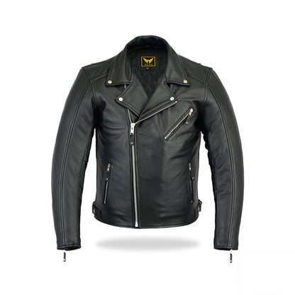A full-front view of a black men's classic biker-style leather jacket, featuring an asymmetrical front zipper, a wide notched lapel collar with snap buttons, zippered chest and side pockets, zippered cuffs, and shoulder epaulets.