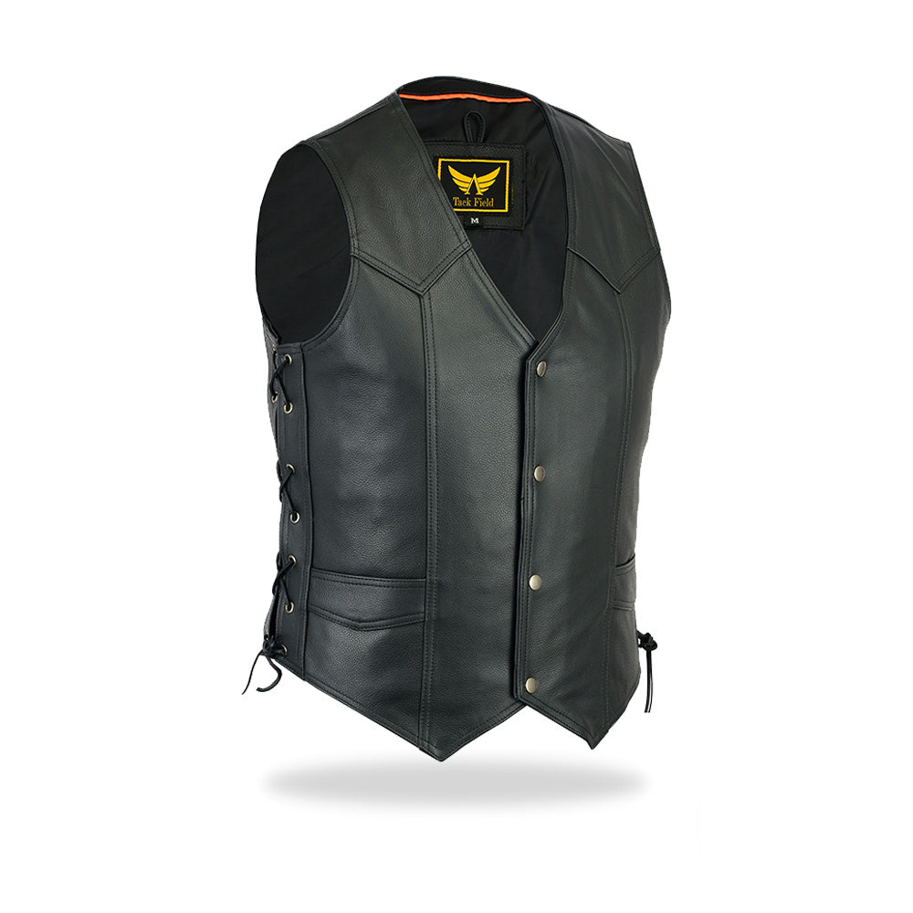 A front view of a black men's leather biker vest, featuring a V-neckline, snap-button front closure, and adjustable leather lacing details on both sides for a customizable fit. The vest has a classic motorcycle club style.
