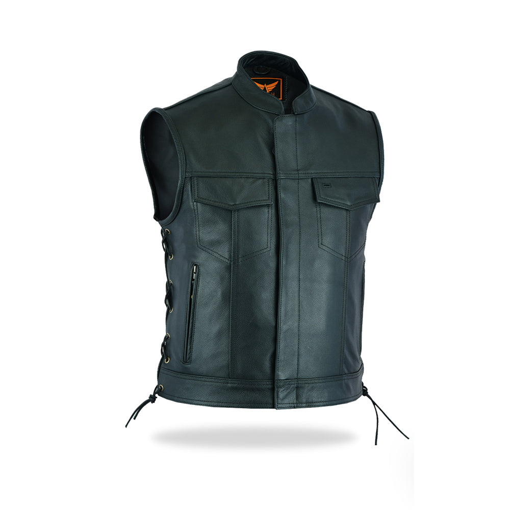 A slightly different angled side view of a men's black leather motorcycle vest, displaying the front zipper, snap-button flap, and chest pockets, on a white background.