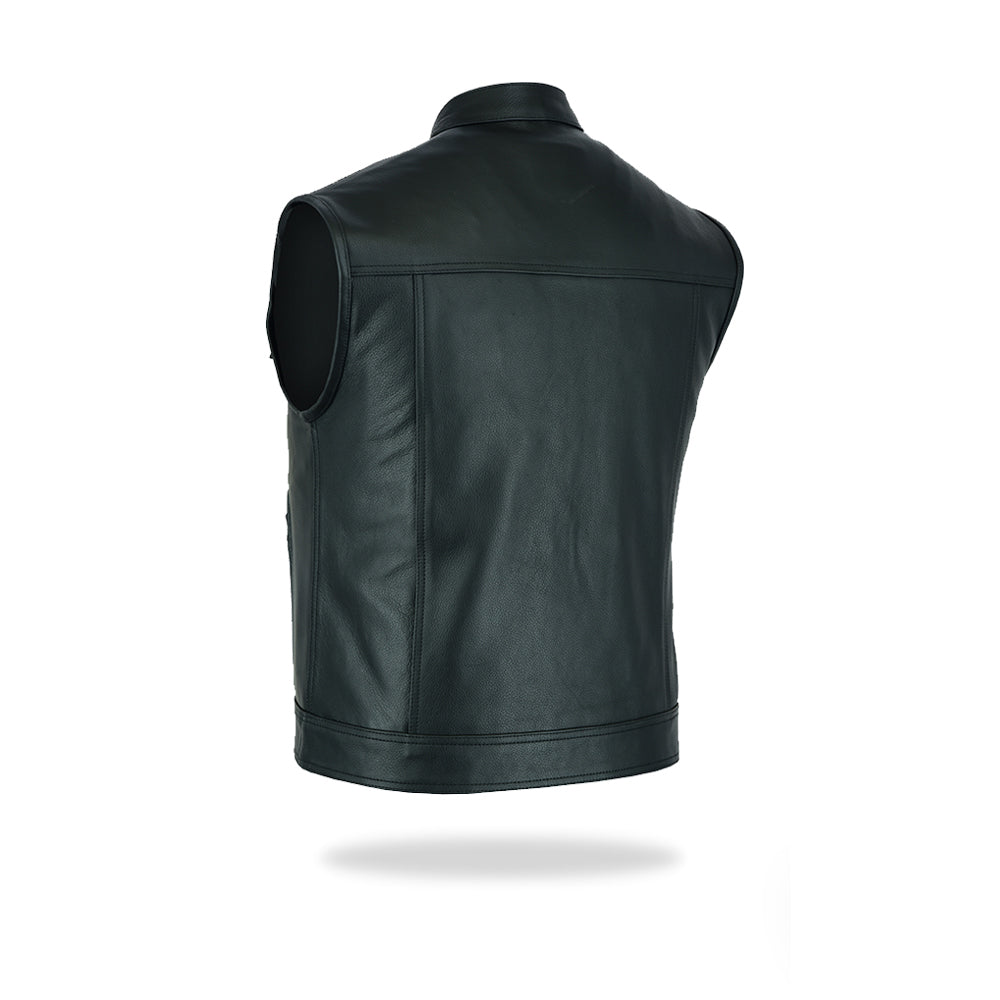 A clear back view of a mens black leather motorcycle vest, showcasing its fitted design, on a white background.