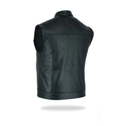 A clear back view of a mens black leather motorcycle vest, showcasing its fitted design, on a white background.