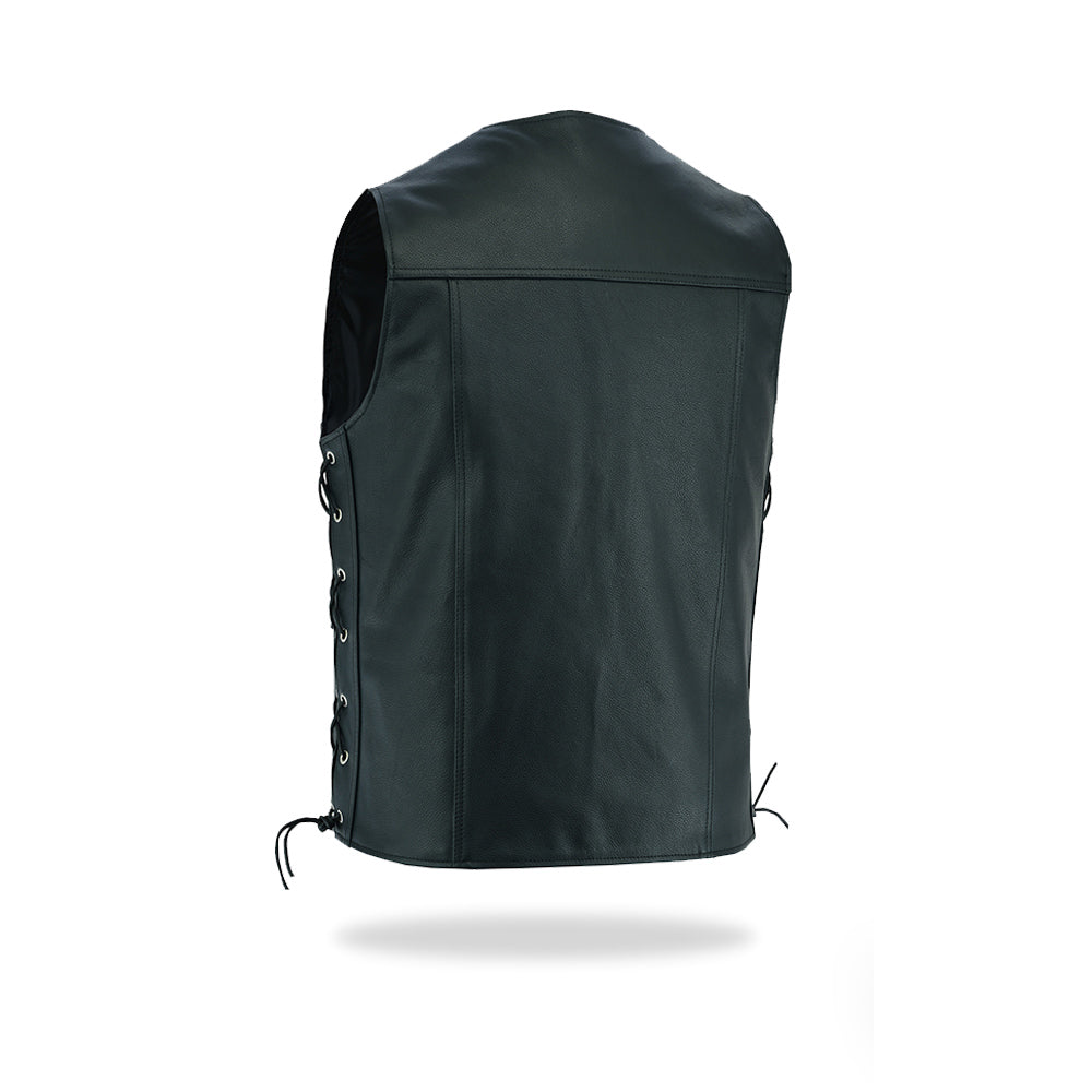 A clear back view of a men's black leather motorcycle vest, showcasing its fitted design and the visible side lacing, on a white background.