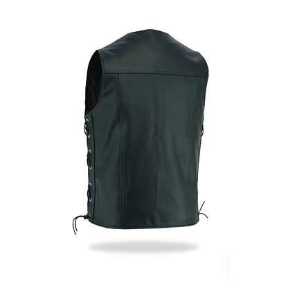 A clear back view of a men's black leather motorcycle vest, showcasing its fitted design and the visible side lacing, on a white background.